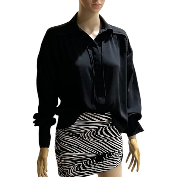 EXPRESS WOMEN'S OVERSIZED BLOUSE BUTTON DOWN LONG SLEEVE SHIRT BLACK XXS 2XS - Picture 1 of 4